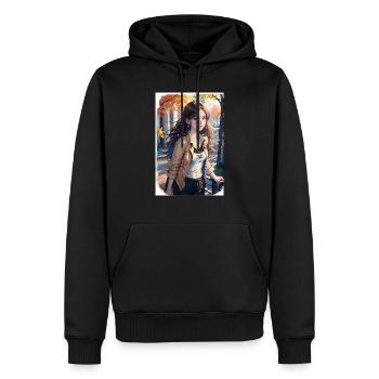 Junge Frau beim Herbst-Spaziergang - Männer Premium Bio Hoodie - Schwarz - Vorne - Nico (187cm)