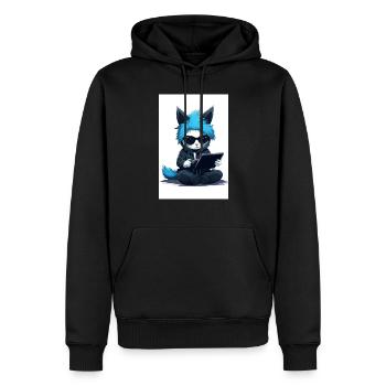Chat gamer aux cheveux bleus, sweat-shirt et lunettes de soleil. - Sweat à capuche Premium bio Homme - noir - Devant - Nico (187cm)