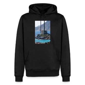 Landschaftsansicht der Insel Kastri in der Nähe der Stadt Kampos - Männer Premium Bio Hoodie - Schwarz - Vorne - Nico (187cm)