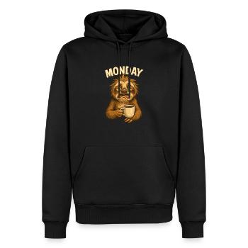 Müdes Faultier mit Kaffee – Monday Mood. - Männer Premium Bio Hoodie - Schwarz - Vorne - Nico (187cm)