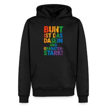 Bunt ist das Dasein und granatenstark! - Männer Premium Bio Hoodie - Schwarz - Vorne - Nico (187cm)