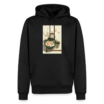 Glückliche weiße Katze isst Ramen - Männer Premium Bio Hoodie - Schwarz - Vorne - Nico (187cm)