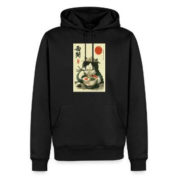 Chat samouraï dégustant des ramen - Sweat à capuche Premium bio Homme - noir - Devant - Nico (187cm)