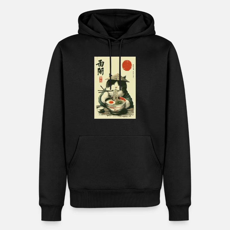 Samurai-Katze genießt Ramen - Männer Premium Bio Hoodie - Schwarz