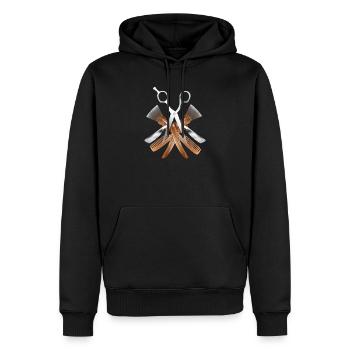 Stylisches Barber Motiv mit Schere und Werkzeugen - Männer Premium Bio Hoodie - Schwarz - Vorne - Nico (187cm)