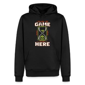 J’ai mis mon jeu en pause pour être ici - Sweat à capuche Premium bio Homme - noir - Devant - Nico (187cm)