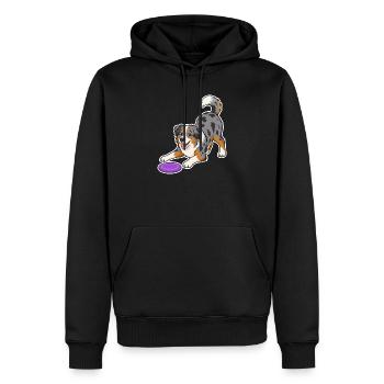 Australian Shepherd with purple Frisbee - Men’s Premium Organic Hoodie - black - Front - Nico (187cm)