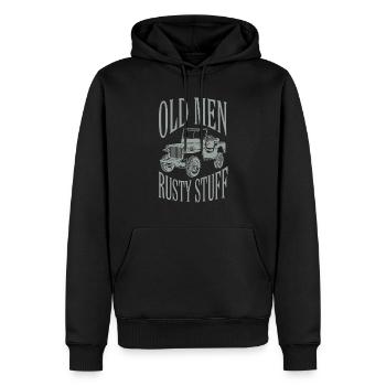 Willys MB Militärjeep, Rusty Stuff 4x4 Bestseller - Männer Premium Bio Hoodie - Schwarz - Vorne - Nico (187cm)