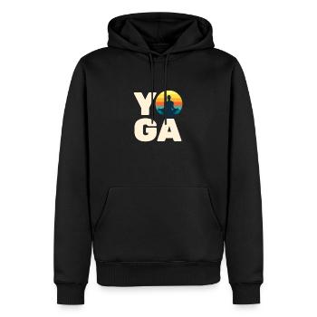 Regenbogen-Retro-Schriftzug Yoga mit Ornamenten - Männer Premium Bio Hoodie - Schwarz - Vorne - Nico (187cm)