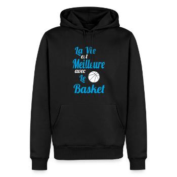 La vie est meilleure avec le basket - Idée Cadeau - Sweat à capuche Premium bio Homme - noir - Devant - Nico (187cm)