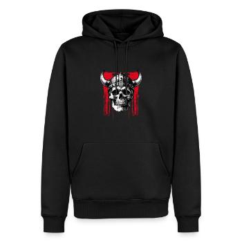 Skull mit Helm und Hörnern auf Farbklecksen - Männer Premium Bio Hoodie - Schwarz - Vorne - Nico (187cm)