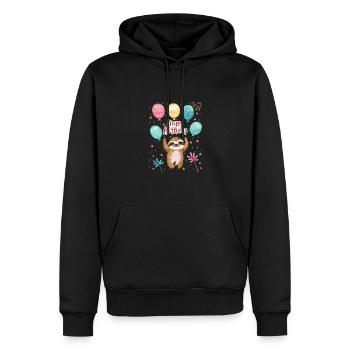 Liebenswertes Faultier hält Geburtstagsballons - Männer Premium Bio Hoodie - Schwarz - Vorne - Nico (187cm)