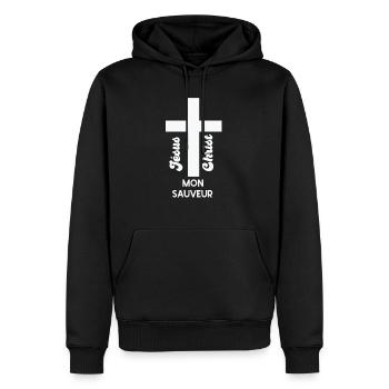 Jésus christ mon sauveur - Sweat à capuche Premium bio Homme - noir - Devant - Nico (187cm)