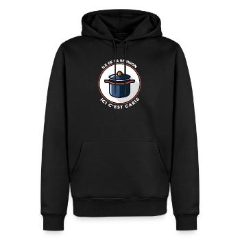 Hier ist es Caris Creole La Réunion Island - Männer Premium Bio Hoodie - Schwarz - Vorne - Nico (187cm)