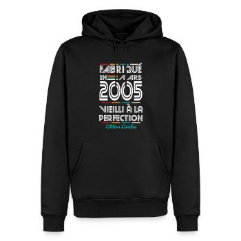 Anniversaire 20 ans - Fabriqué en Mars 2005 - Sweat à capuche Premium bio Homme - noir - Devant - Nico (187cm)
