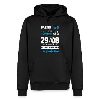 Anniversaire - Né le 29 Août Frôler perfection - Sweat à capuche Premium bio Homme - noir - Devant - Nico (187cm)