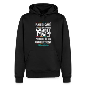 40-jähriges Jubiläum - Hergestellt im September 1984 - Männer Premium Bio Hoodie - Schwarz - Vorne - Nico (187cm)