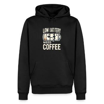 Low Battery, Need Coffee ☕🔋 - Men’s Premium Organic Hoodie - black - Front - Nico (187cm)