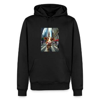 Selfie de vache drôle sur un strass de ville animée - Sweat à capuche Premium bio Homme - noir - Devant - Nico (187cm)