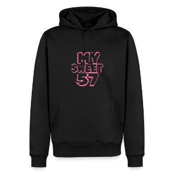 Age 57 - Men’s Premium Organic Hoodie - black - Front - Nico (187cm)