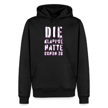 Die Klappse, Irre, Irrer, Idiot, Durchgeknallt - Männer Premium Bio Hoodie - Schwarz - Vorne - Nico (187cm)