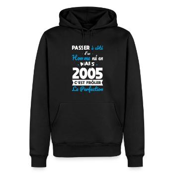 Anniversaire 20 ans - Né en Mars 2005 - Sweat à capuche Premium bio Homme - noir - Devant - Nico (187cm)