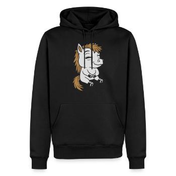 Sitzendes kleines Comic Pony - Männer Premium Bio Hoodie - Schwarz - Vorne - Nico (187cm)