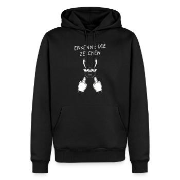 Erkenne Die Zeichen - Lama Alpaka Mittelfinger - Männer Premium Bio Hoodie - Schwarz - Vorne - Nico (187cm)