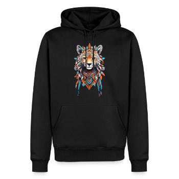 Guépard, animal de pouvoir, Afrique, tribu et ornement de plumes - Sweat à capuche Premium bio Homme - noir - Devant - Nico (187cm)