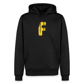 Lettre F - Lettre initiale F - Motif Fromage - Sweat à capuche Premium bio Homme - noir - Devant - Nico (187cm)
