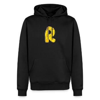 Lettre R - Lettre initiale R - Motif fromage - Sweat à capuche Premium bio Homme - noir - Devant - Nico (187cm)