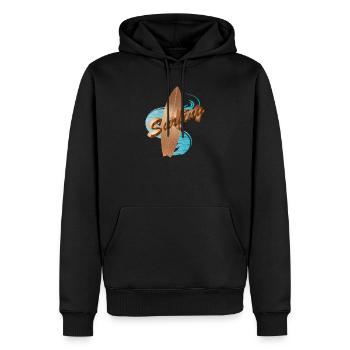 Surfbrett Holzdesign mit Surfing Typografie - Männer Premium Bio Hoodie - Schwarz - Vorne - Nico (187cm)