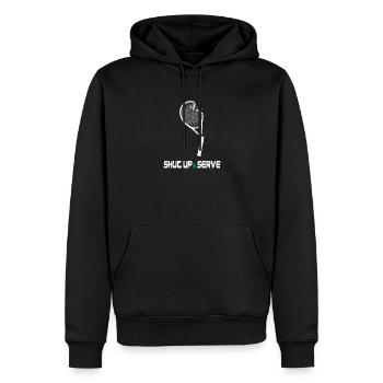Shut Up & Serve – Lustiges Tennis Design - Männer Premium Bio Hoodie - Schwarz - Vorne - Nico (187cm)