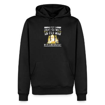 Vieil homme avec une moto - Sweat à capuche Premium bio Homme - noir - Devant - Nico (187cm)