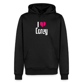 J’aime Corey Pink Heart J’aime Corey - Sweat à capuche Premium bio Homme - noir - Devant - Nico (187cm)