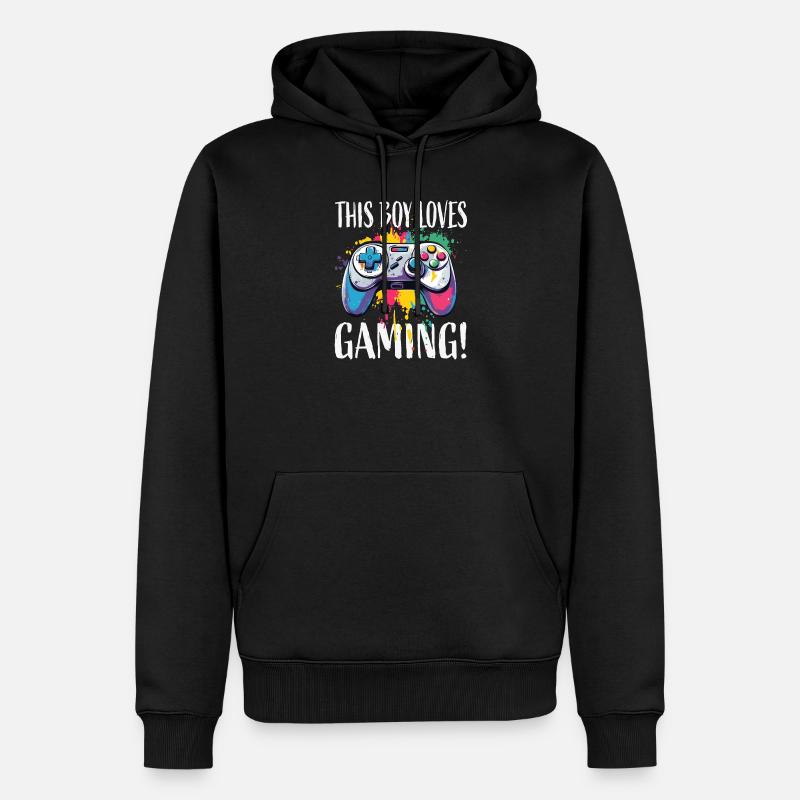 Junge liebt Gaming – bunte Controller-Splash - Männer Premium Bio Hoodie - Schwarz
