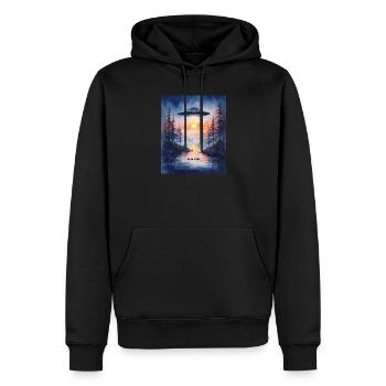 GO ON A TRIP – Futuristische Sonnenuntergangs-UFO-Kunst - Männer Premium Bio Hoodie - Schwarz - Vorne - Nico (187cm)