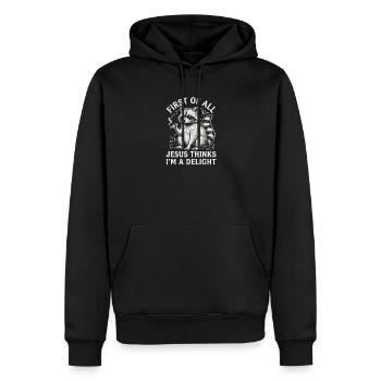 First of All Jesus Thinks I'm A Delight Raccoon - Männer Premium Bio Hoodie - Schwarz - Vorne - Nico (187cm)