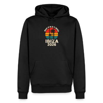 Ibiza 2026 Retro Sonnenuntergang - Männer Premium Bio Hoodie - Schwarz - Vorne - Nico (187cm)