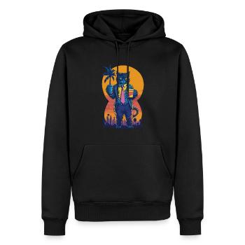 Illustration des années 80 d’un chat avec une tasse de café - Sweat à capuche Premium bio Homme - noir - Devant - Nico (187cm)