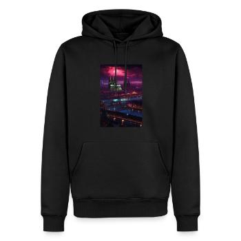 Cologne, Cologne la nuit, néon, lumières, ligne d’horizon - Sweat à capuche Premium bio Homme - noir - Devant - Nico (187cm)