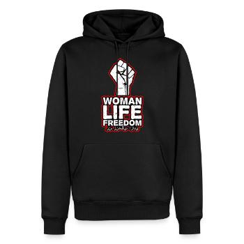 Liberté de vie de la femme | Faust et écriture persane - Sweat à capuche Premium bio Homme - noir - Devant - Nico (187cm)