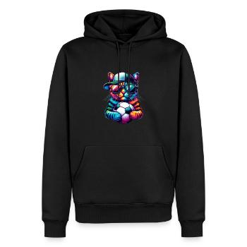 Bunte Fußballkatze bereit für das Spiel! - Fußball Kunst - Männer Premium Bio Hoodie - Schwarz - Vorne - Nico (187cm)