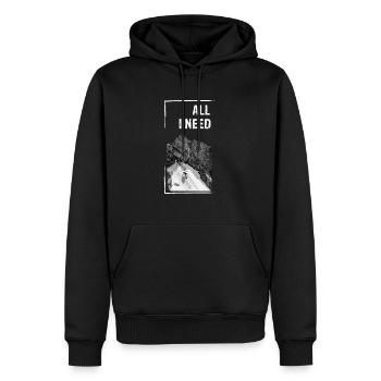MOUNTAINS | ALL I NEED - Männer Premium Bio Hoodie - Schwarz - Vorne - Nico (187cm)