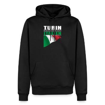 Turin - Männer Premium Bio Hoodie - Schwarz - Vorne - Nico (187cm)