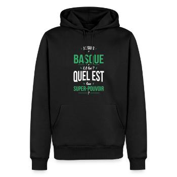 Je suis Basque - Super-pouvoir - Cadeau Humour - Sweat à capuche Premium bio Homme - noir - Devant - Nico (187cm)