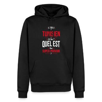 Je suis Tunisien - Super-pouvoir - Cadeau Humour - Sweat à capuche Premium bio Homme - noir - Devant - Nico (187cm)