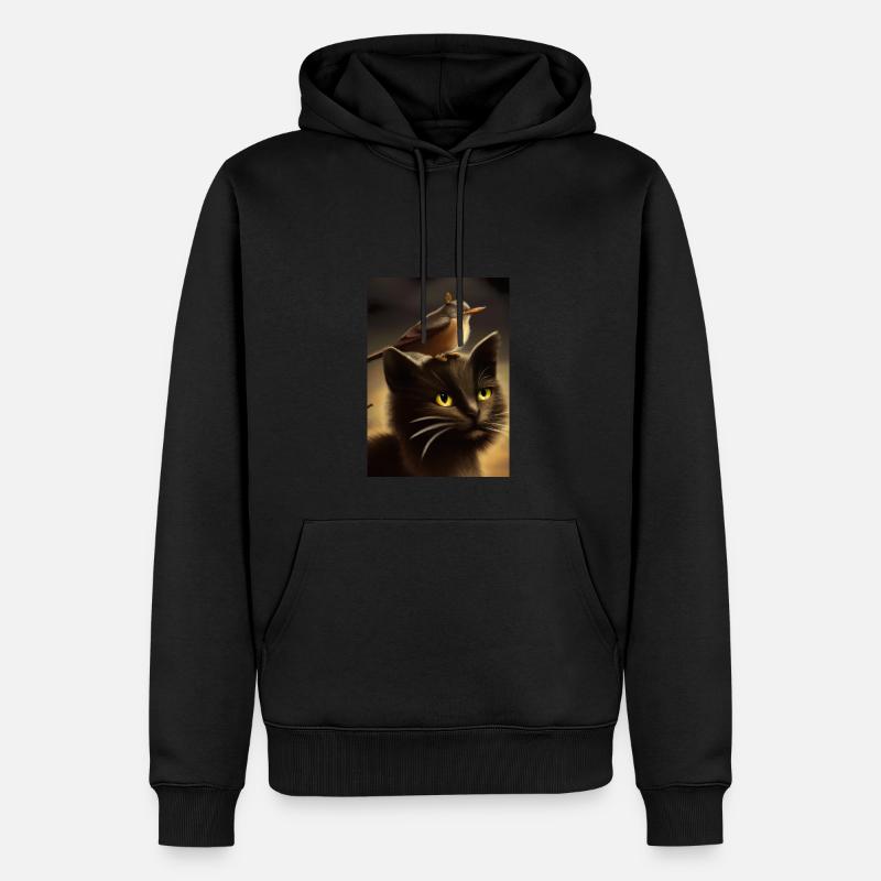 Vogel sitzt auf Katze - Männer Premium Bio Hoodie - Schwarz