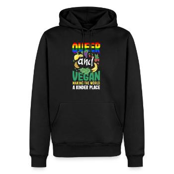 Queer and vegan - making the world a kinder place - Men’s Premium Organic Hoodie - black - Front - Nico (187cm)