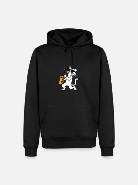 Lustige Katze mit Sonnebrille und Saxophon - Männer Premium Bio Hoodie - Schwarz